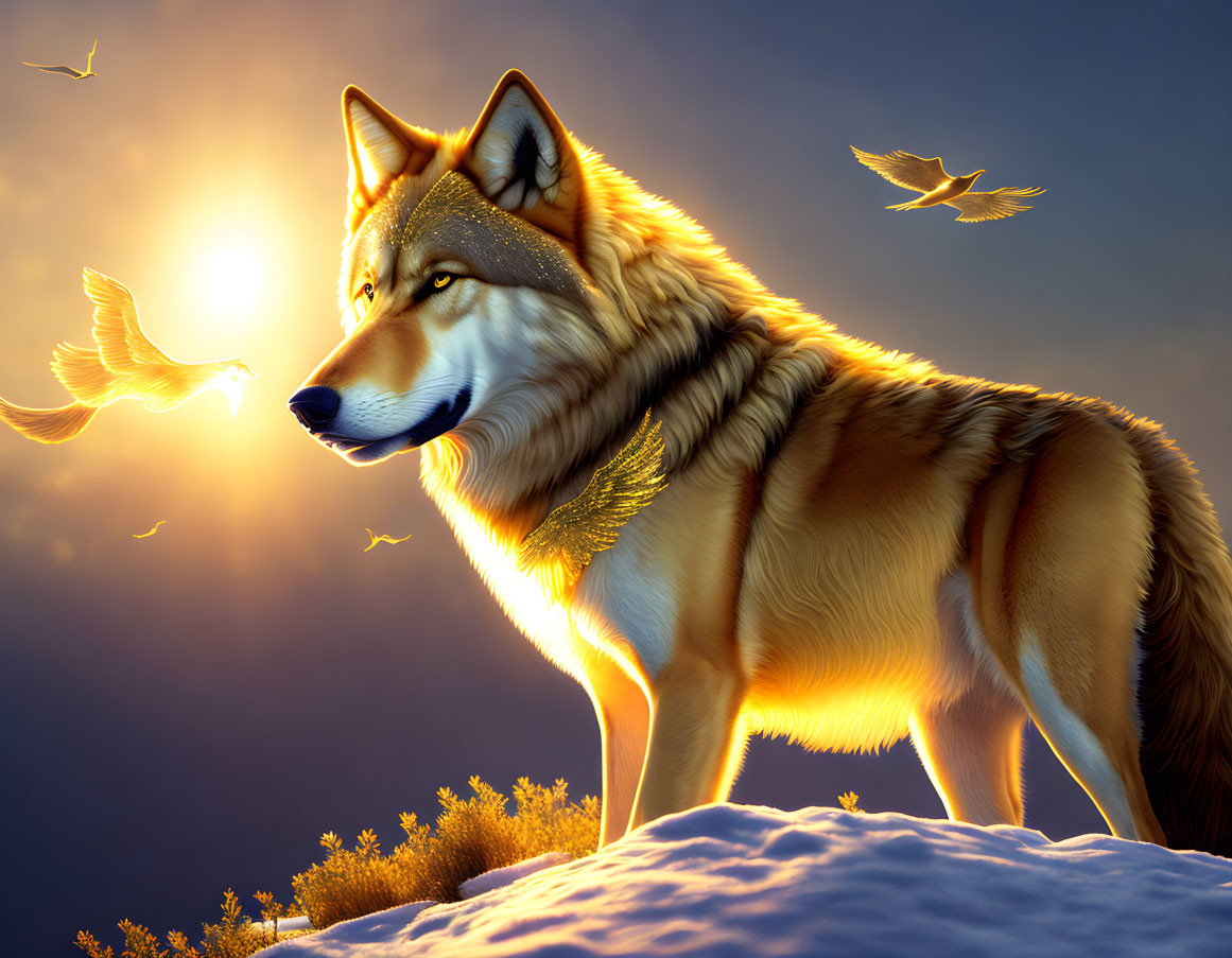 Majestic wolf and golden-accented bird in snowy landscape at sunset