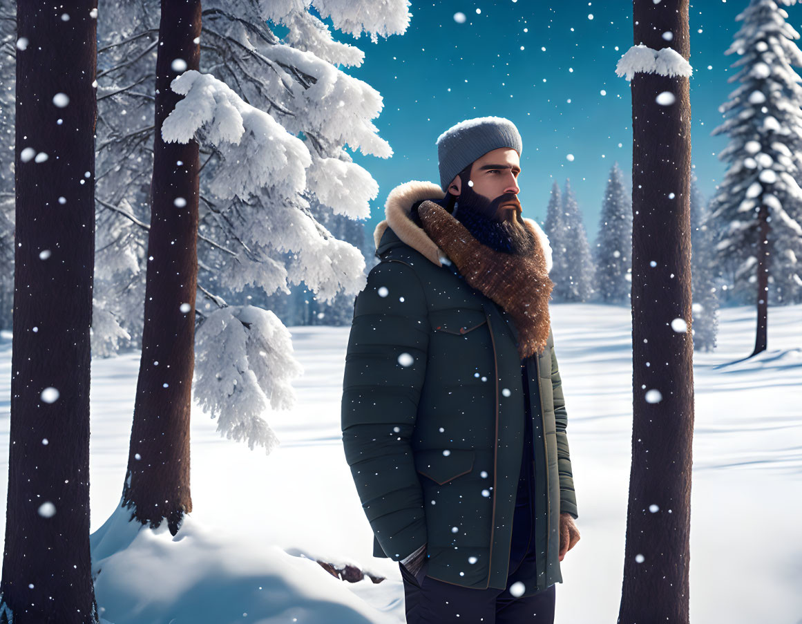 Bearded Man in Winter Attire Standing in Snowy Forest