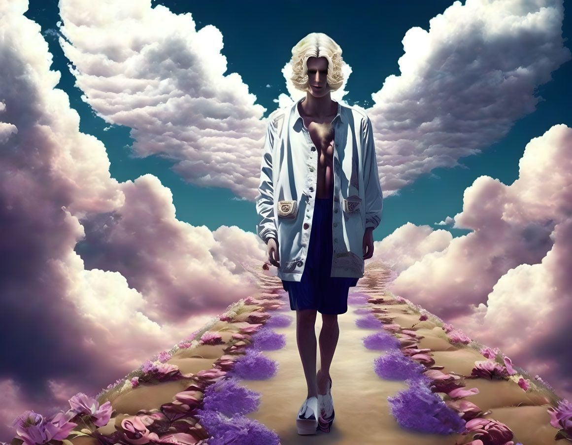 Stylized image of person with blond hair on vibrant path surrounded by clouds and flowers