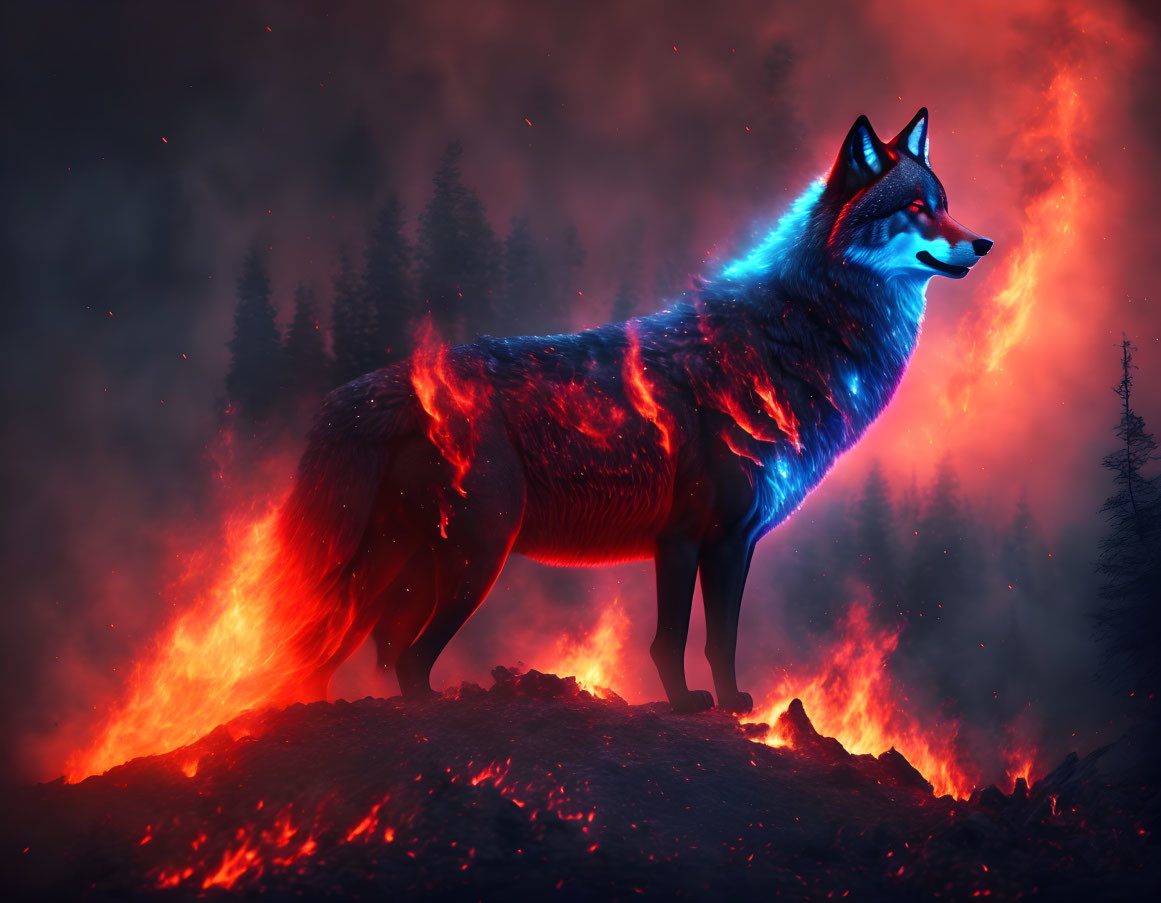 Glowing blue and red wolf in fiery landscape under red-tinted sky