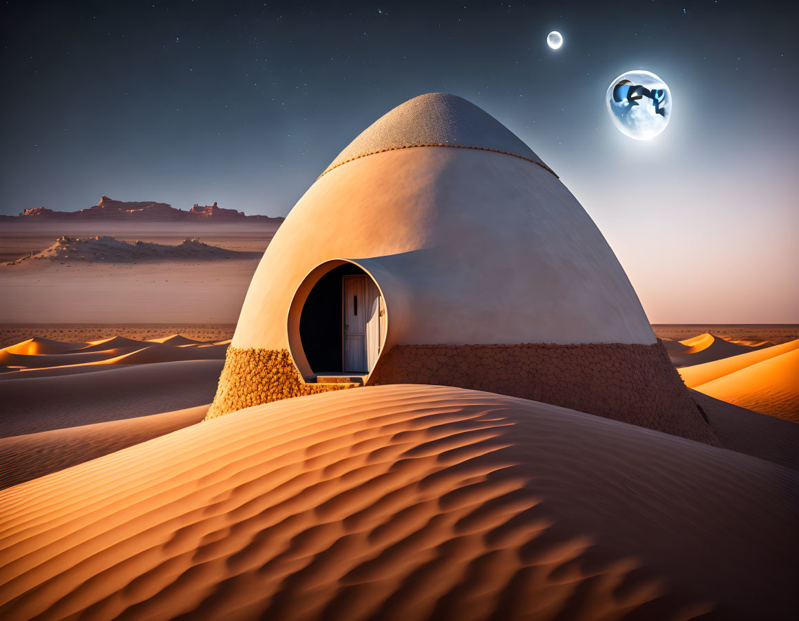 Desert dome structure under crescent moon and glowing Earth at twilight