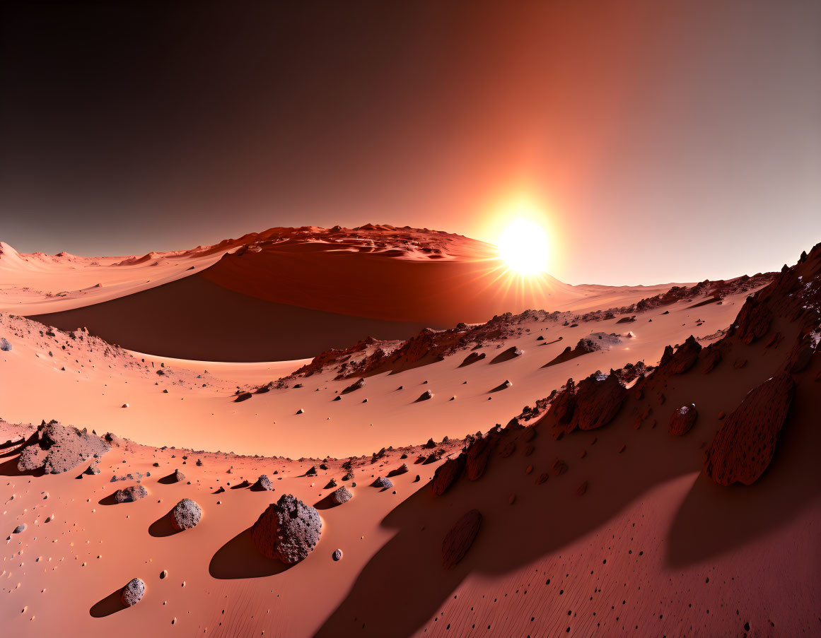 Crimson dunes and rocky terrain under hazy Mars-like sunset