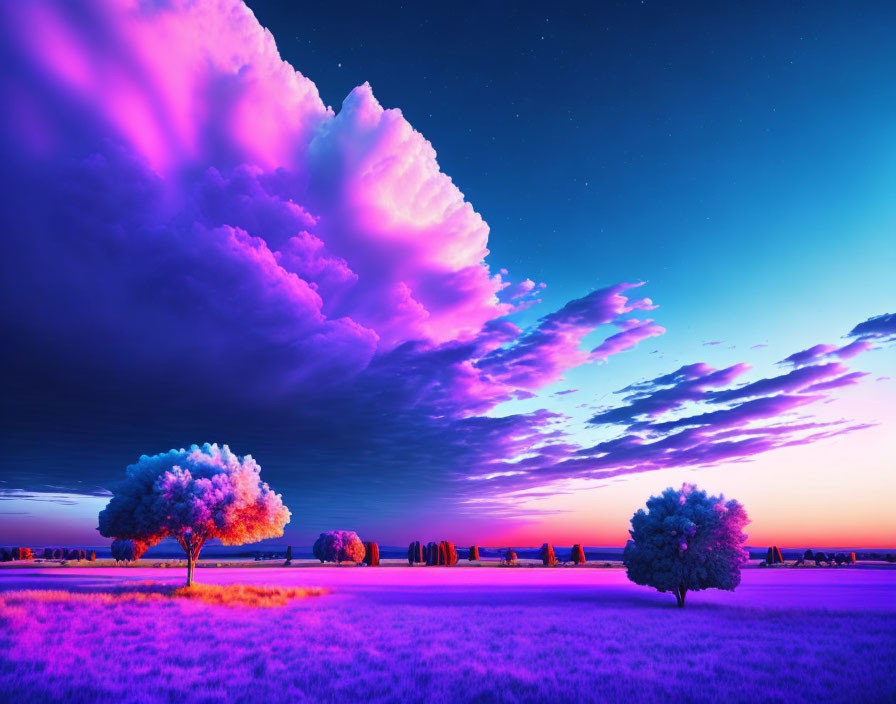 Colorful Twilight Landscape with Trees and Purple Field