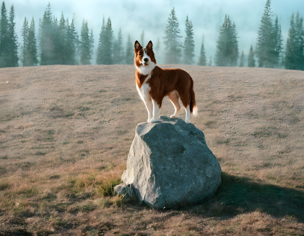 Brown and White Dog on Rock with Misty Evergreen Trees