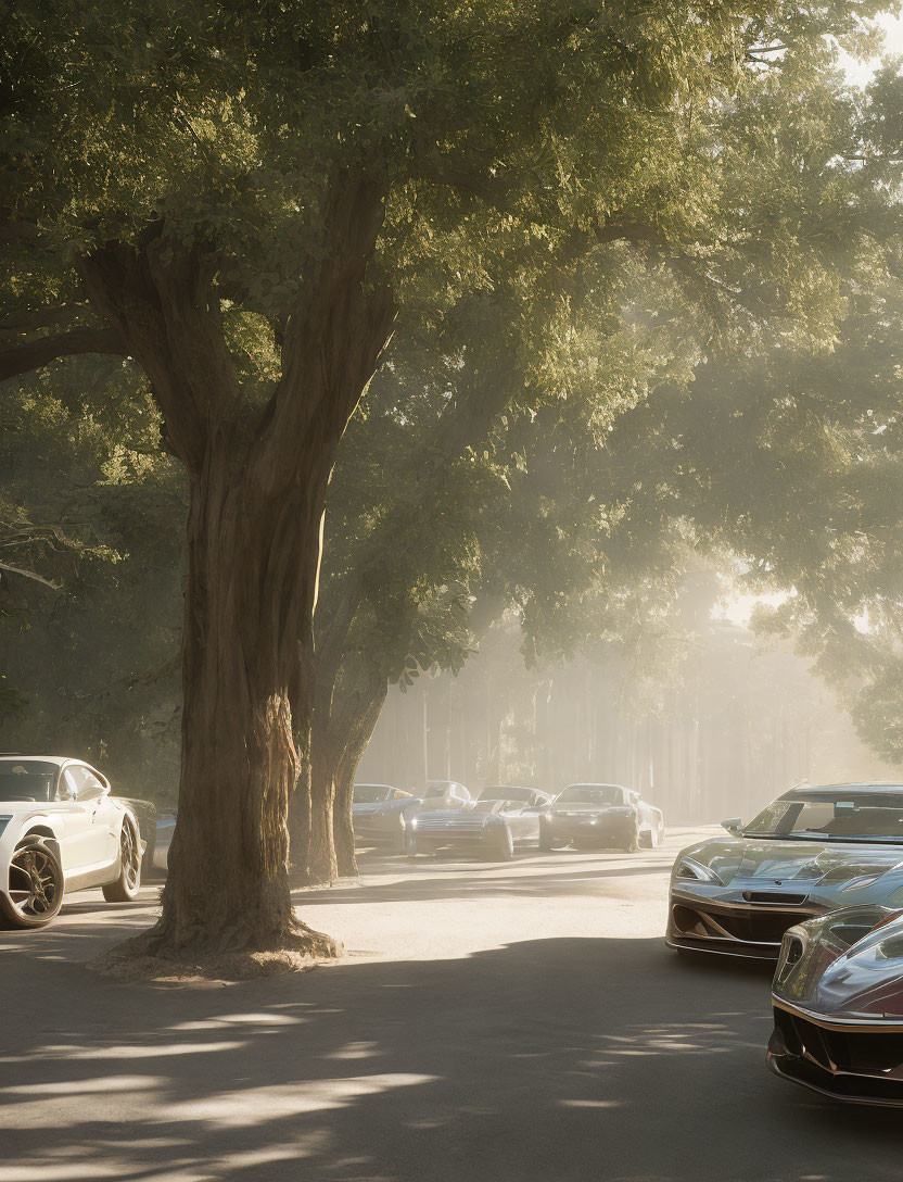 Tranquil urban street scene with tree-lined curb parking