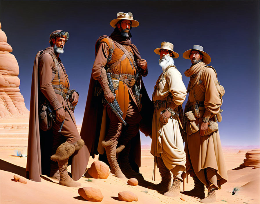 Four Armed Individuals in Desert Garb Discussing in Rocky Landscape