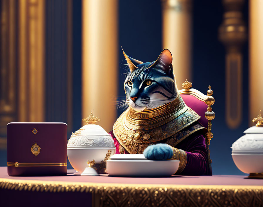 Regal cat in royal garb at luxurious table with laptop and golden objects