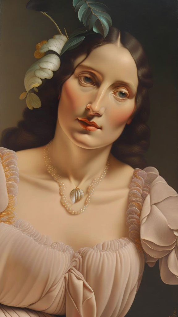 Portrait of a Woman in Pink Dress with Pearl Necklace and White Flower