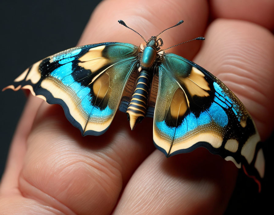 Colorful Butterfly with Blue, Yellow, and Black Wing Patterns on Human Finger