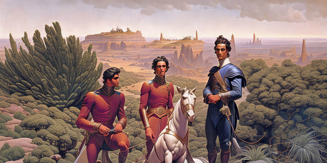 Three Figures in Futuristic Armor Amid Exotic Landscape