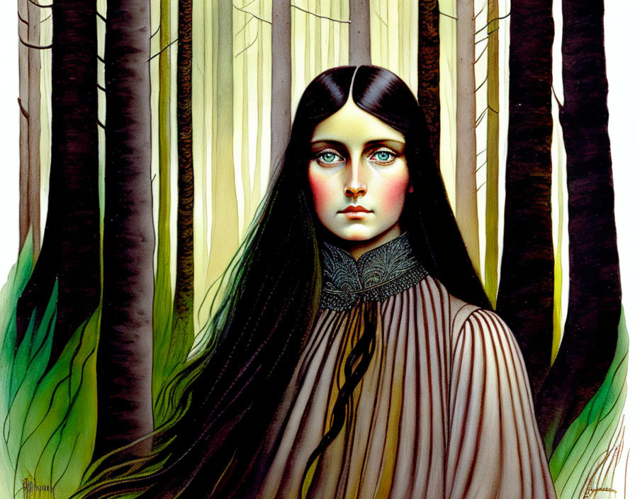 Stylized illustration of woman with blue eyes in forest