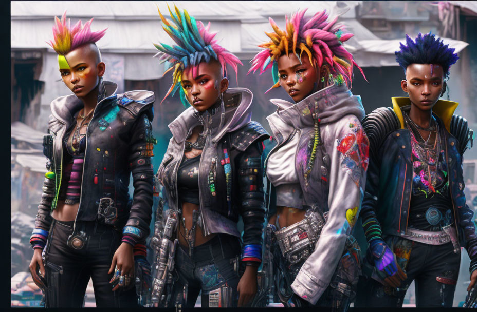 Four stylish individuals with colorful mohawks and punk-inspired outfits in urban setting