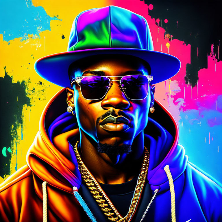 Vibrant digital portrait of man with sunglasses and cap on neon paint-splattered background