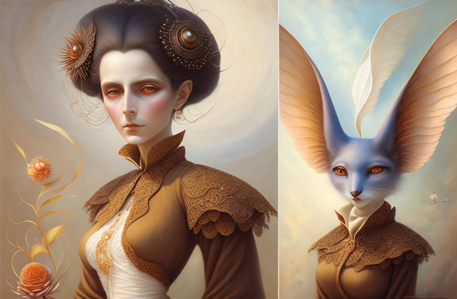 Surreal diptych: Victorian woman & fennec fox in ornate attire