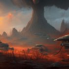 Futuristic sci-fi landscape with ominous clouds and towering structures