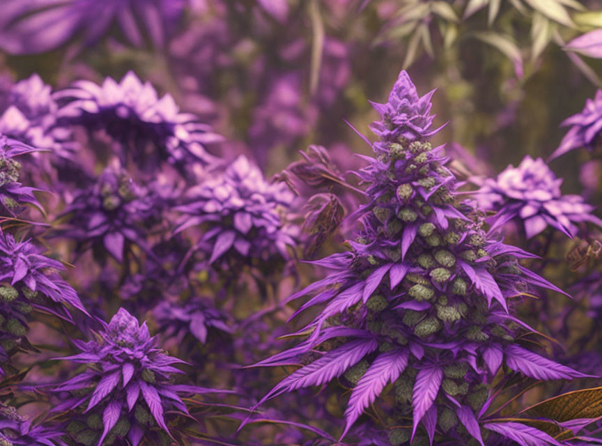 Vibrant purple cannabis plants in bloom with soft focus background