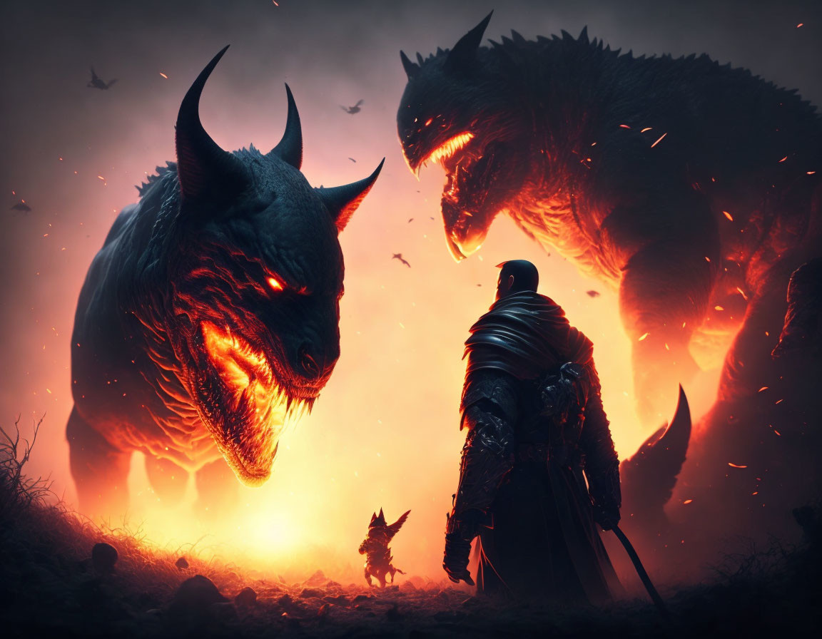 Warrior battles giant beasts with tiny companion under fiery sky