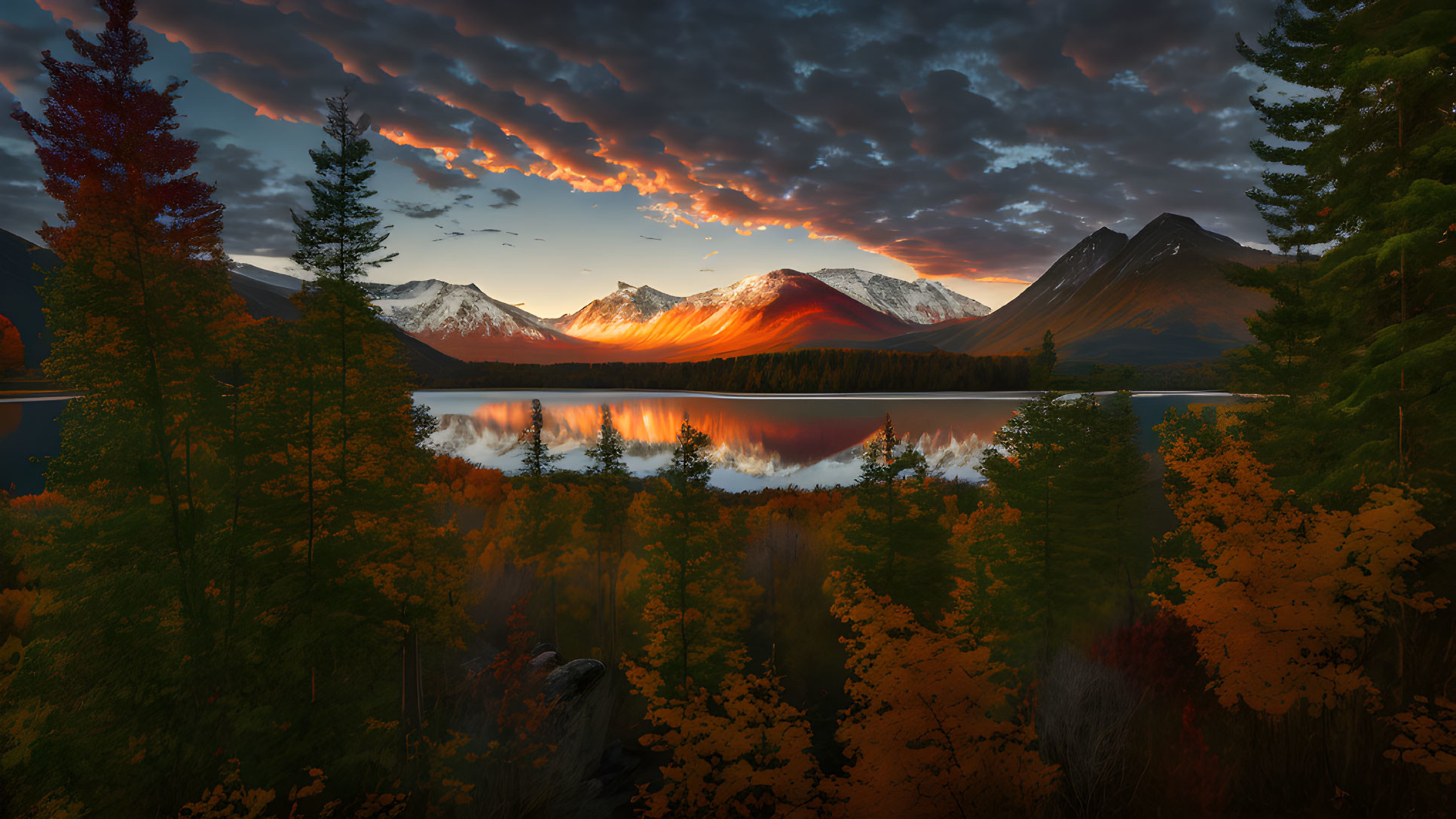 Tranquil lake sunset with mountain reflections and autumn forest in dramatic sky