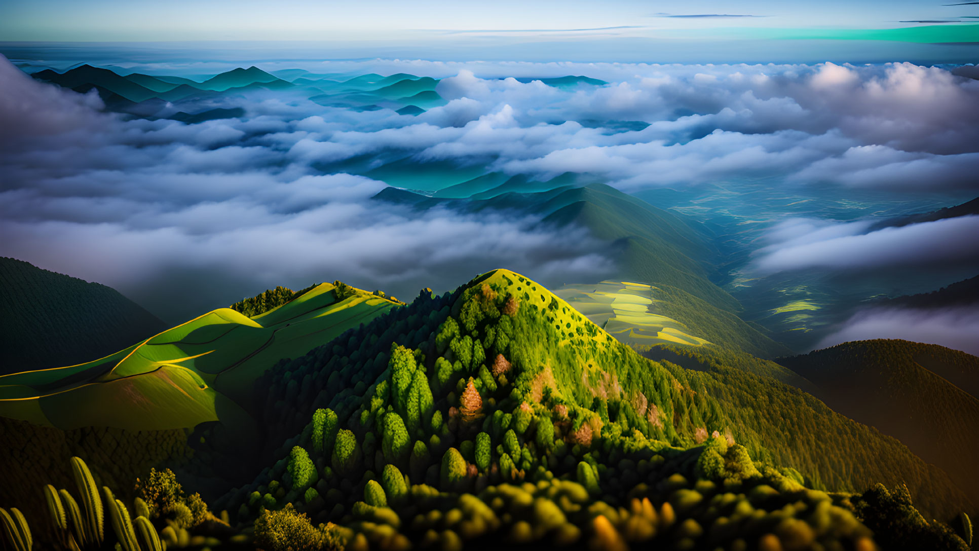 Scenic sunrise view of green hill above clouds & colorful sky