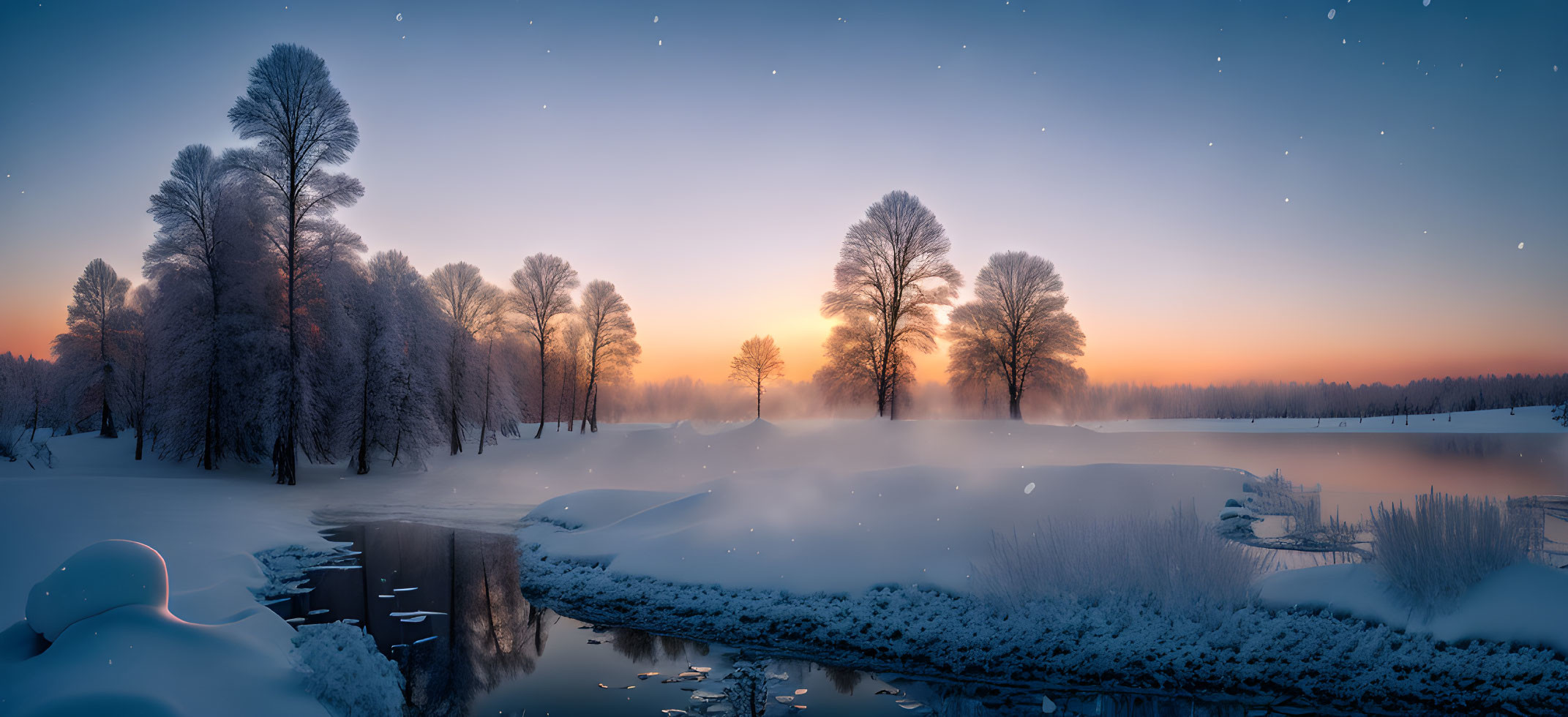 Snow-covered trees and river in serene winter dusk scene