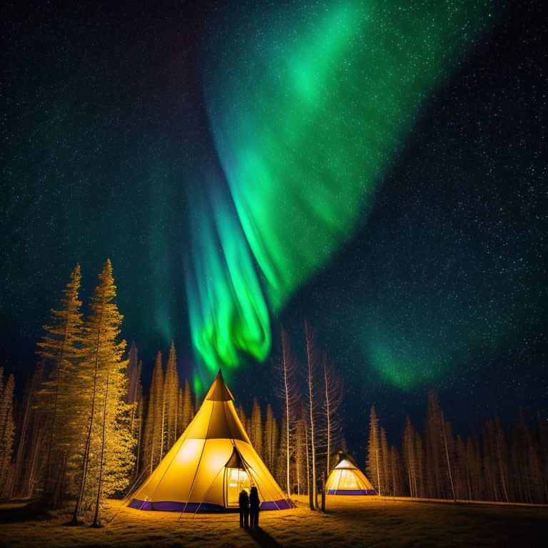 Night-time forest scene with two people near glowing tents under green aurora borealis