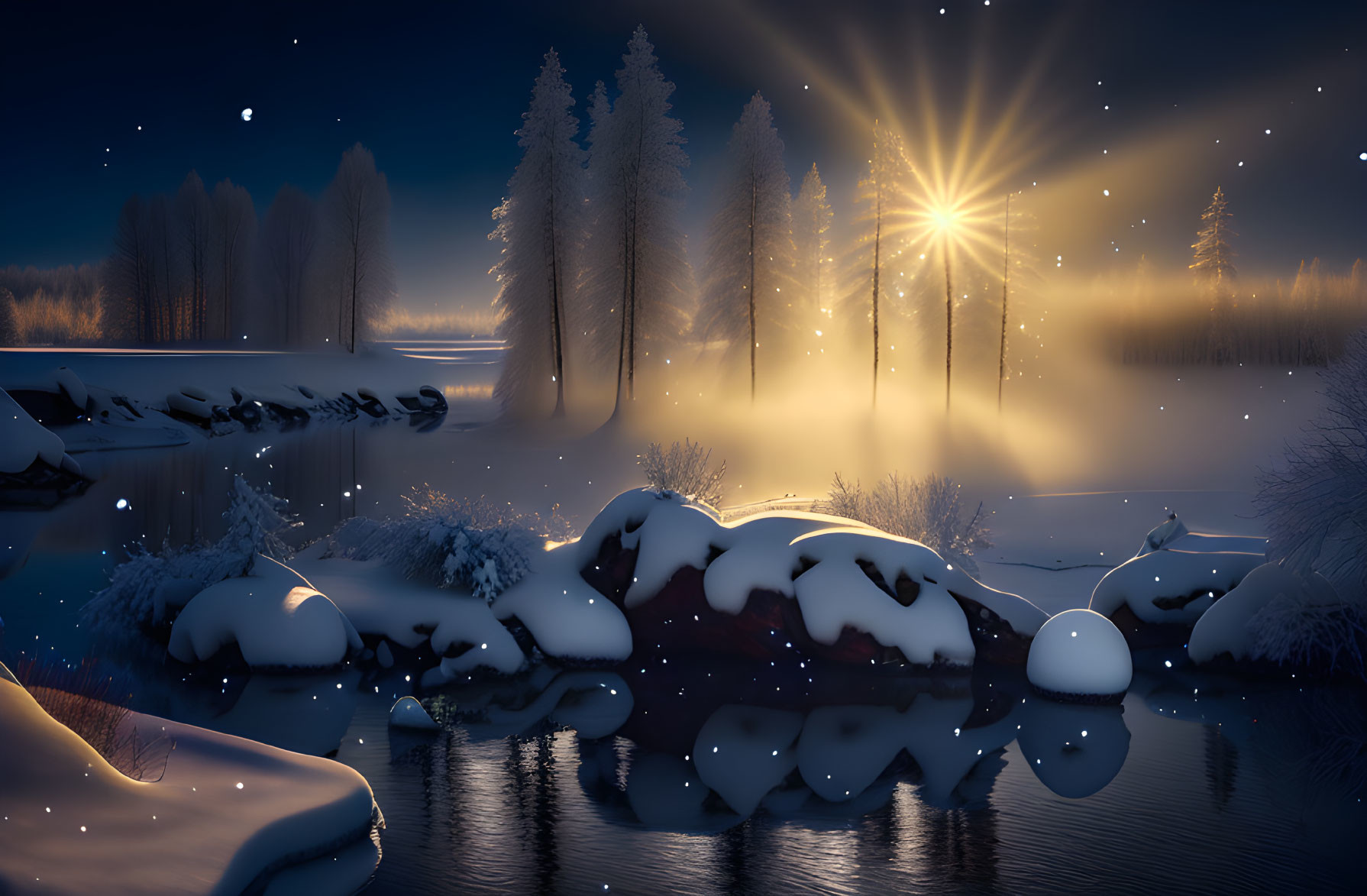 Snow-covered trees and river on tranquil winter night scene