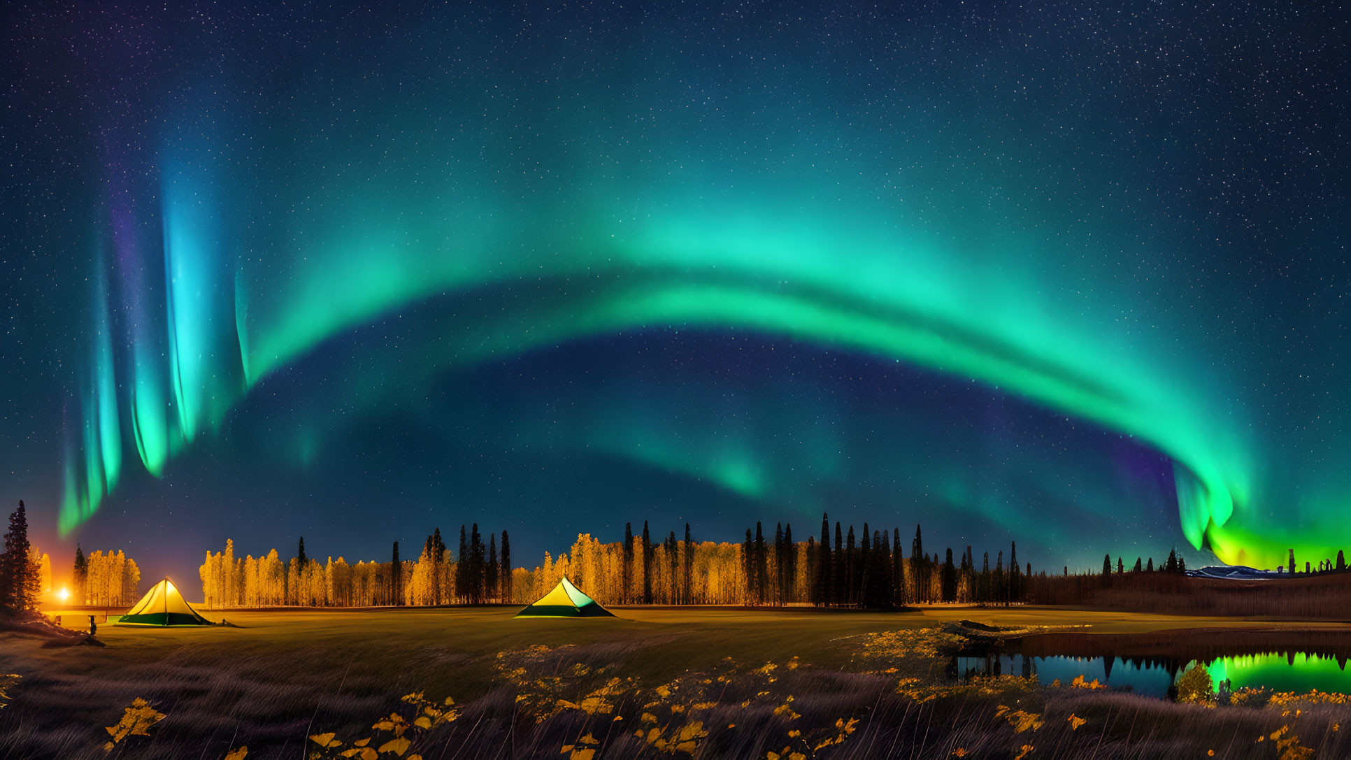 Northern Lights over illuminated forest tents at night