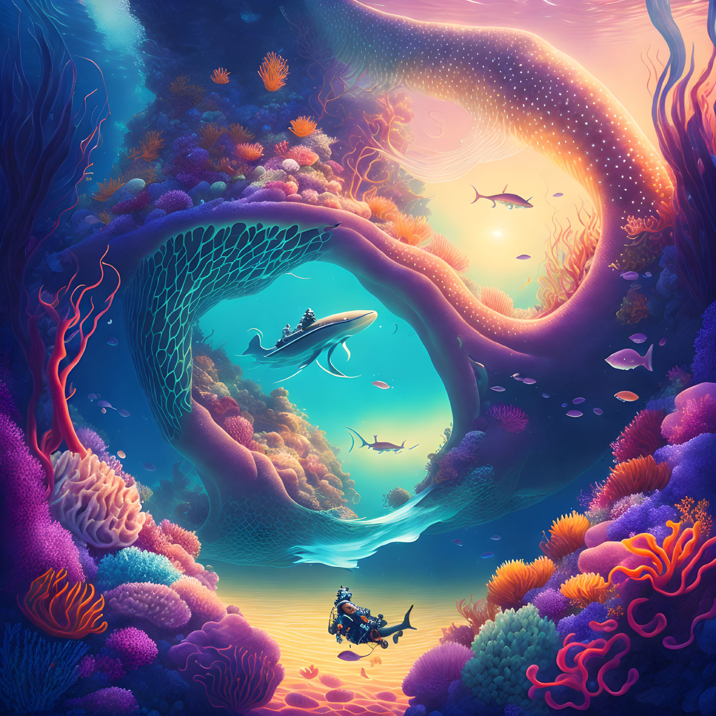 Colorful Underwater Scene with Divers, Coral, Fish, and Whale