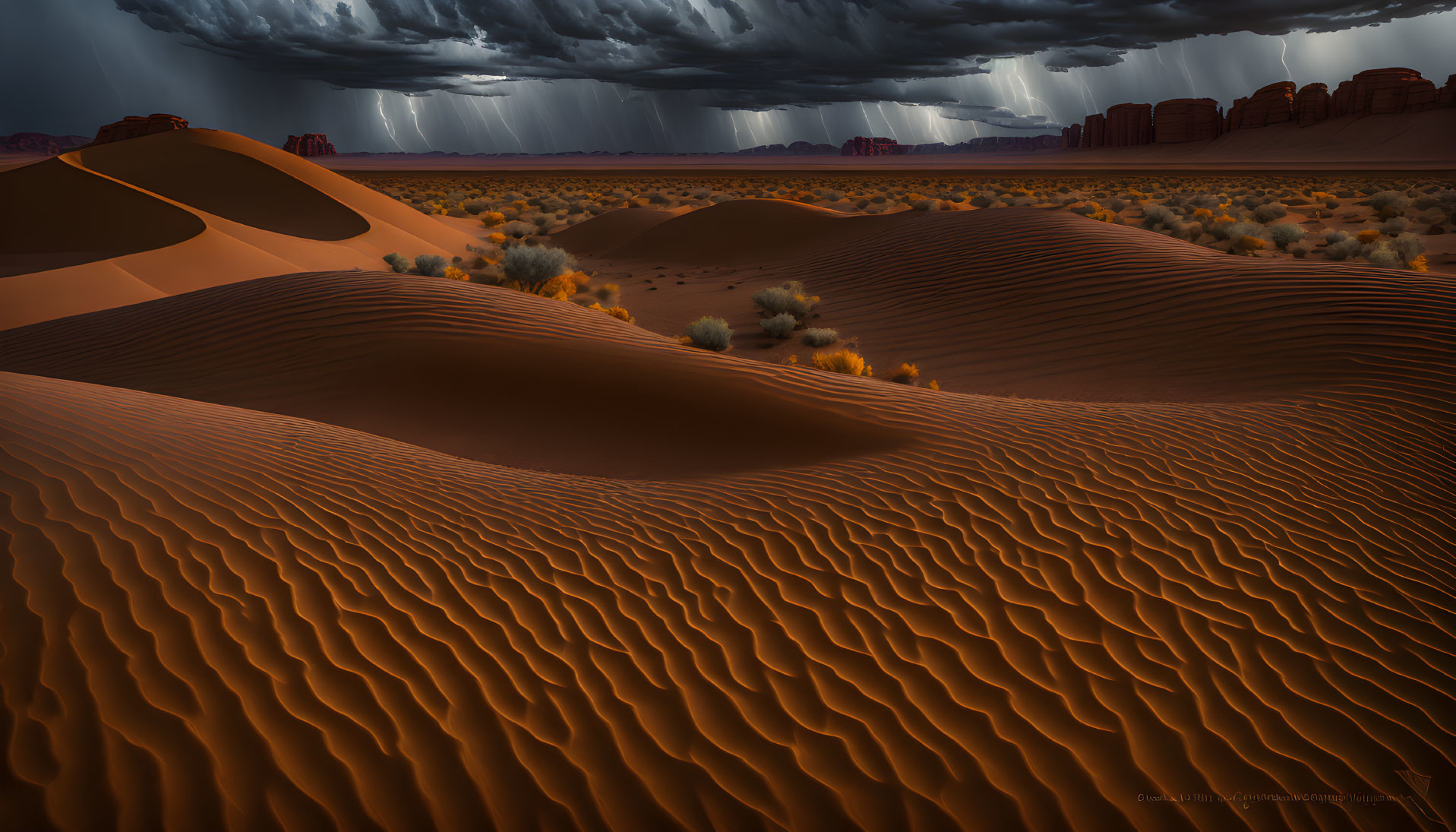 Overcast sky above desert with patterned sand dunes