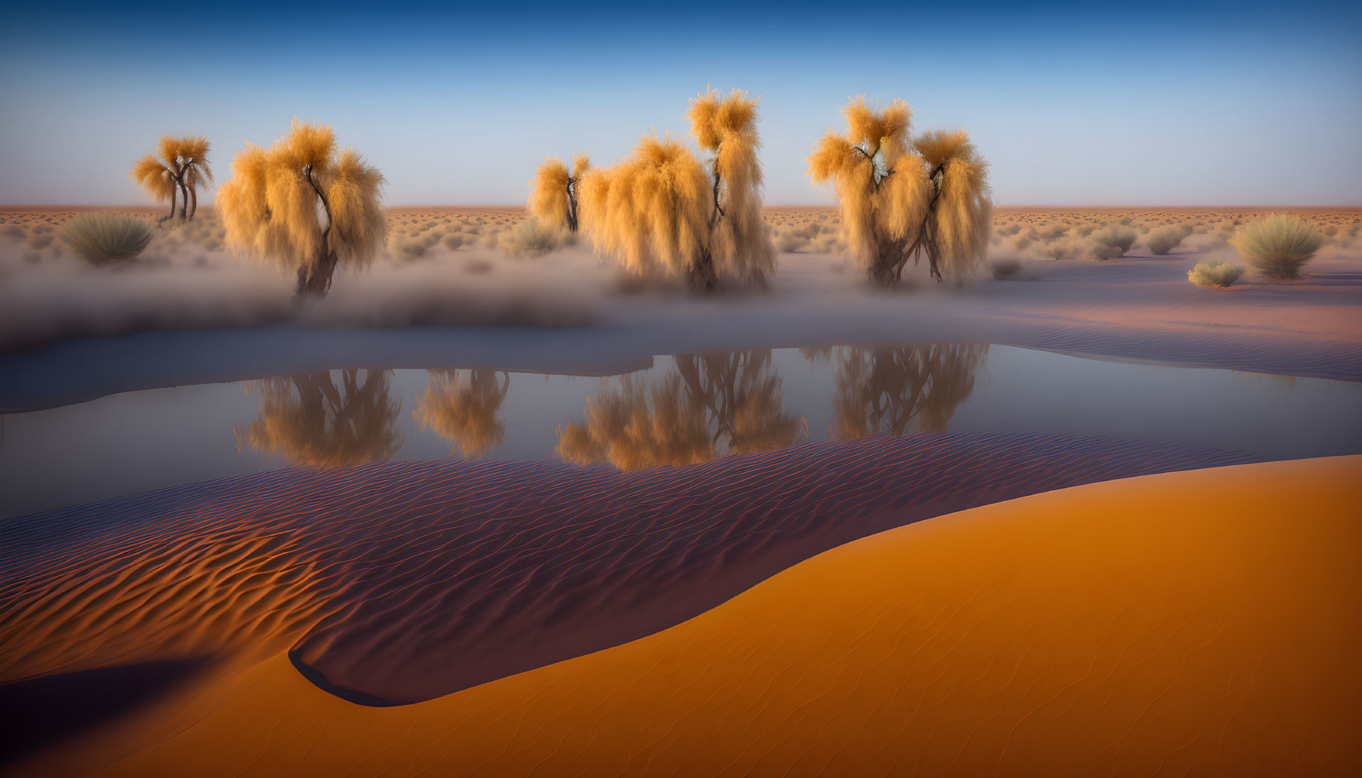 Tranquil desert oasis with palm trees, sand dunes, and sunset sky