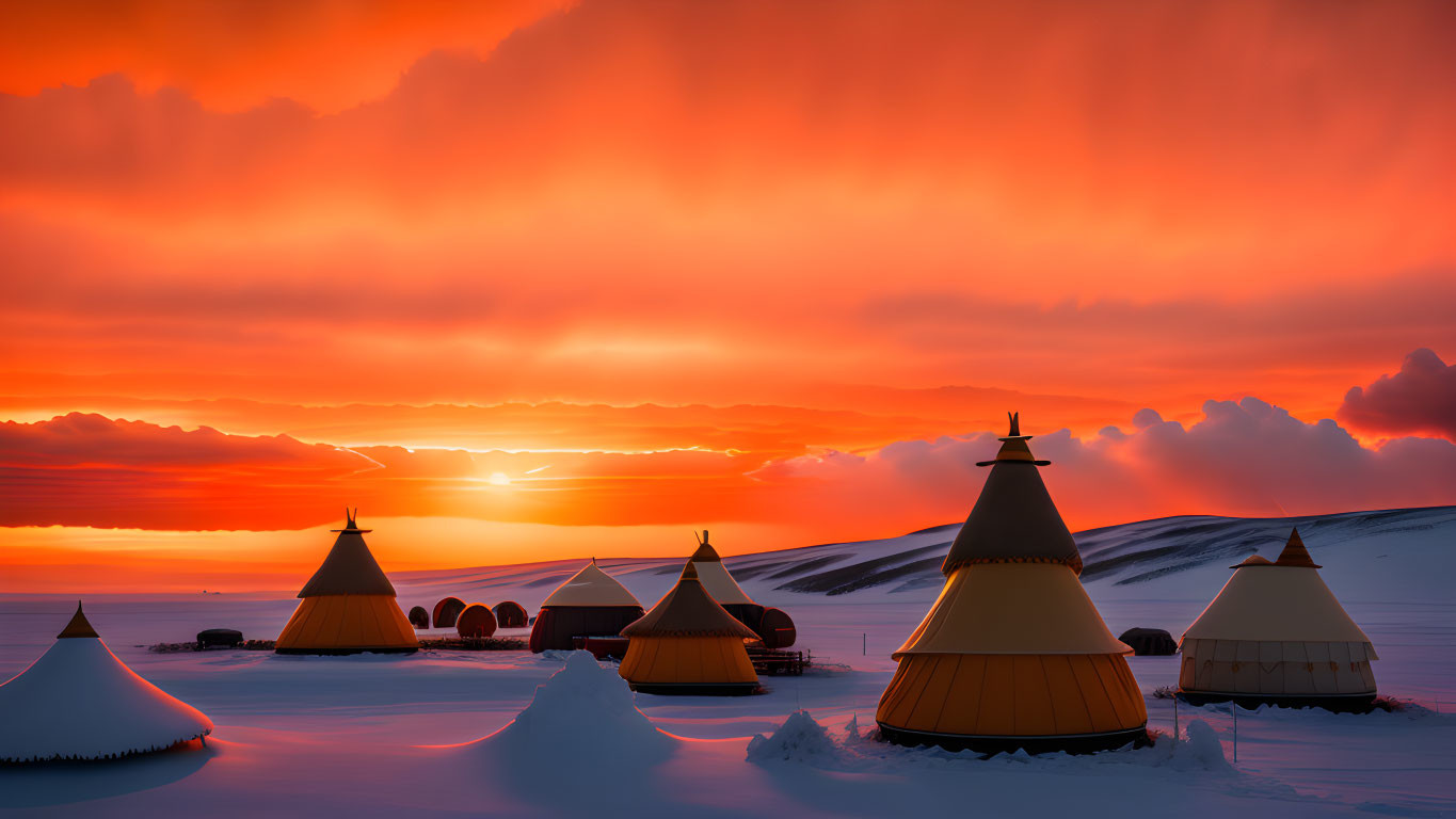 Snow-covered traditional tents under vibrant orange sunset sky