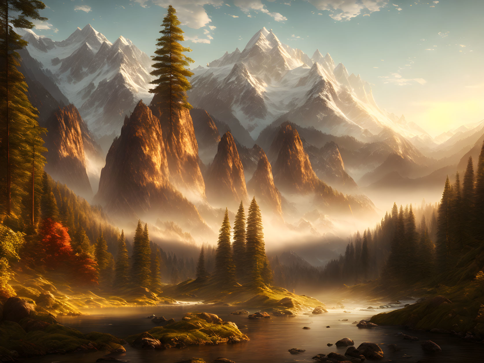 Snow-capped mountains, misty forests, pine trees, and tranquil river in golden sunrise light