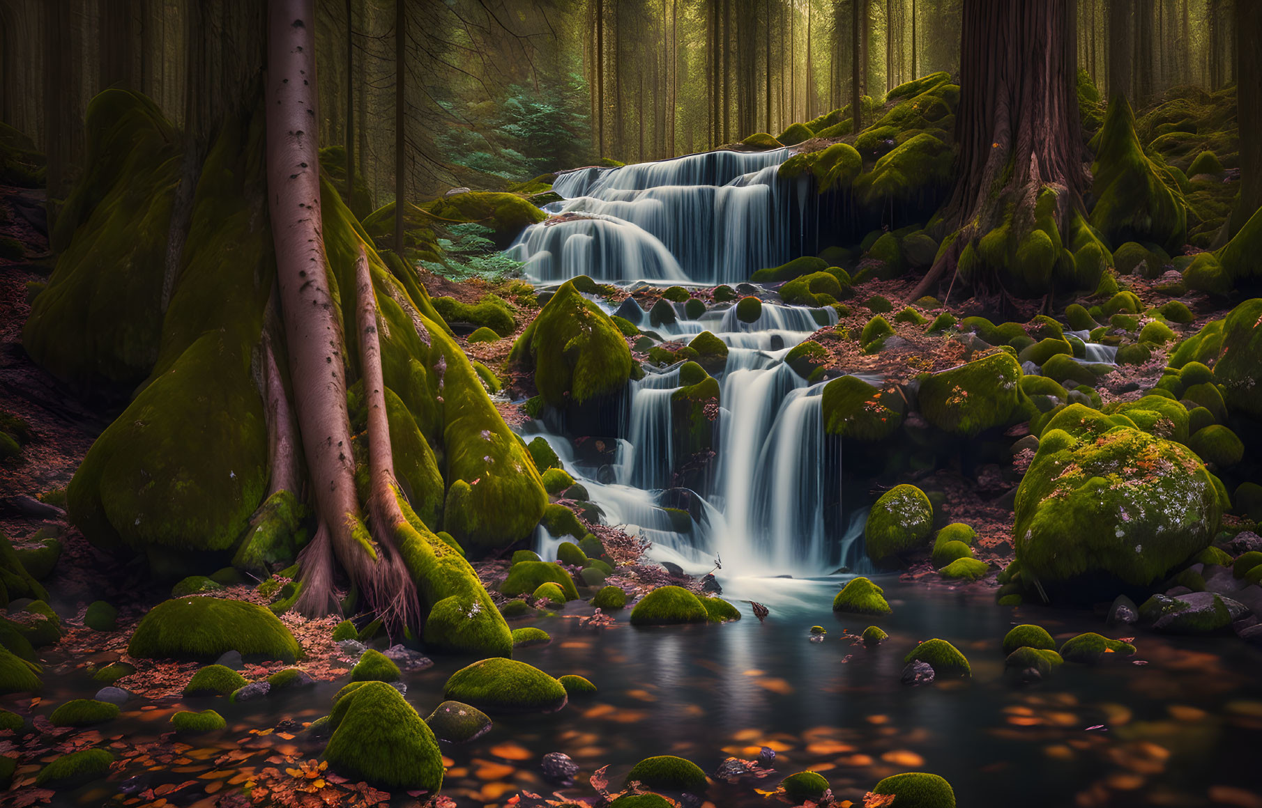 Tranquil forest waterfall with mossy rocks and vibrant foliage