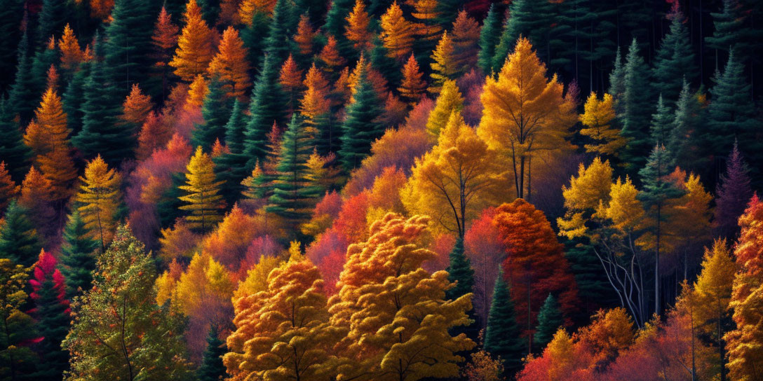 Colorful Autumn Foliage Contrasting Coniferous Forest