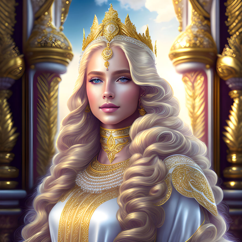 Regal woman with long blonde hair, blue eyes, gold crown, and jewelry in golden column setting