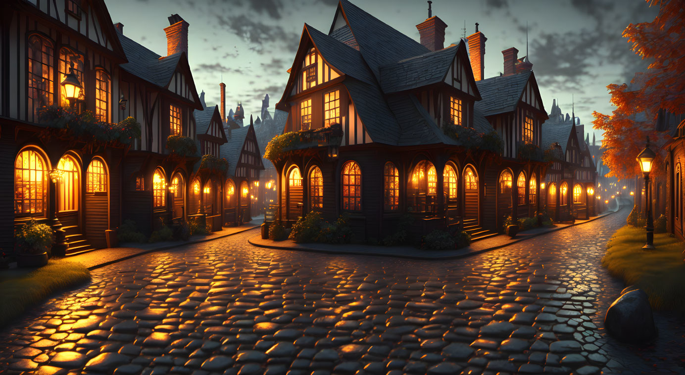 Twilight scene: Cobblestone street with warm house lights and autumn leaves