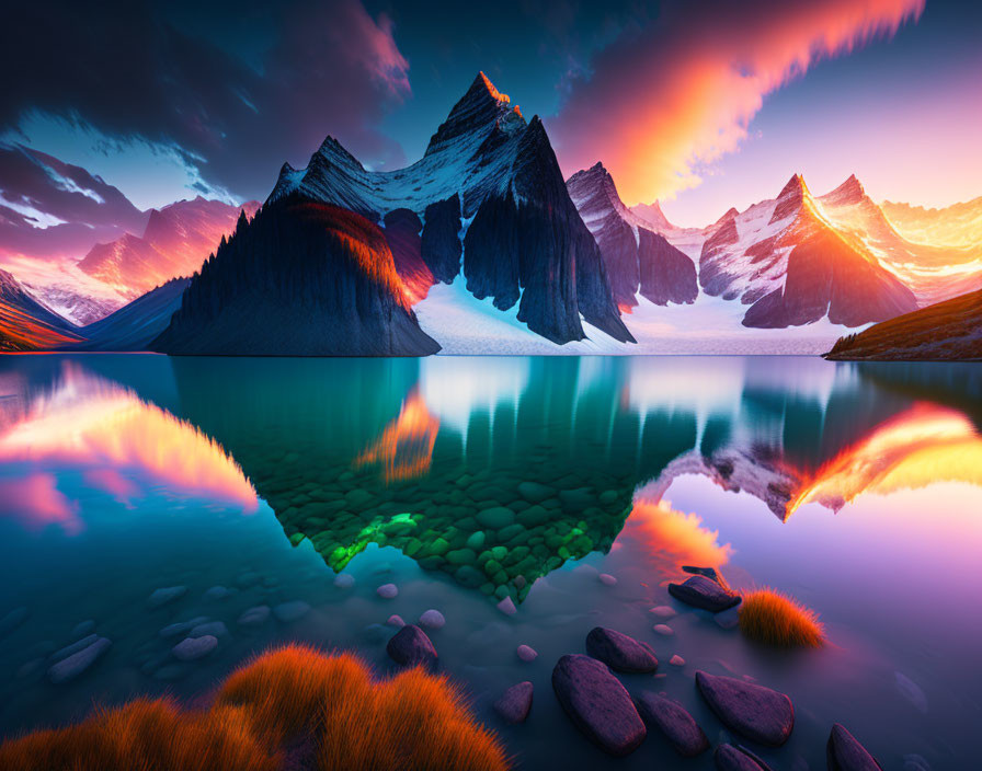 Scenic sunset over serene mountain lake