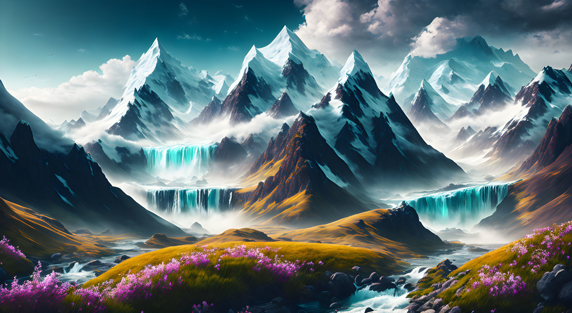 Snowy Peaks, Waterfalls, River, Valley, Purple Flowers, Dynamic Sky