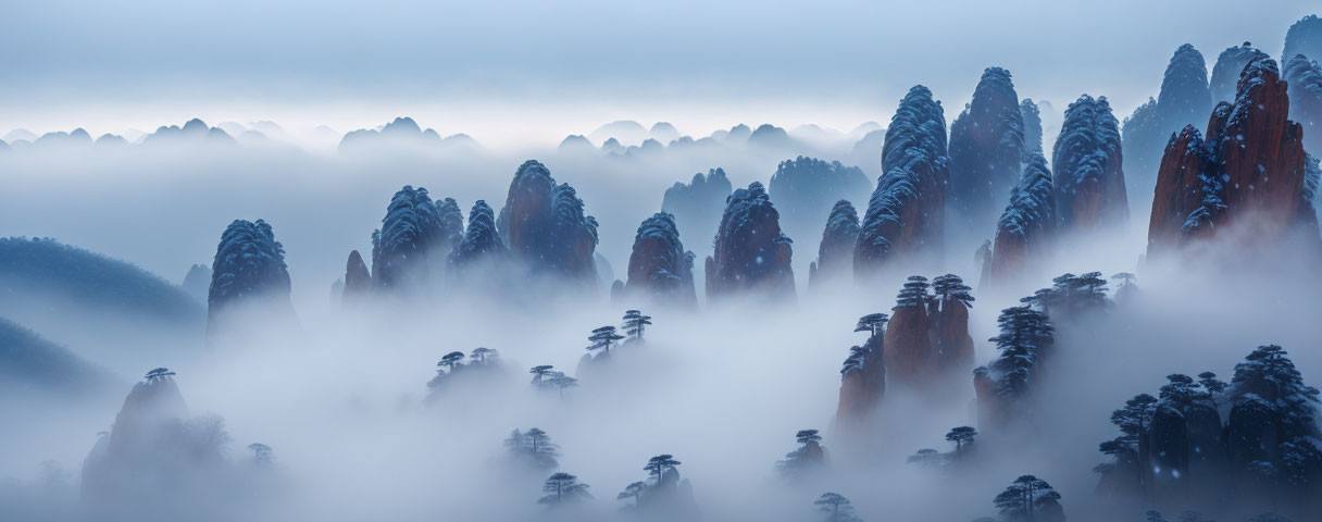 Majestic misty mountain landscape with towering peaks in dense fog