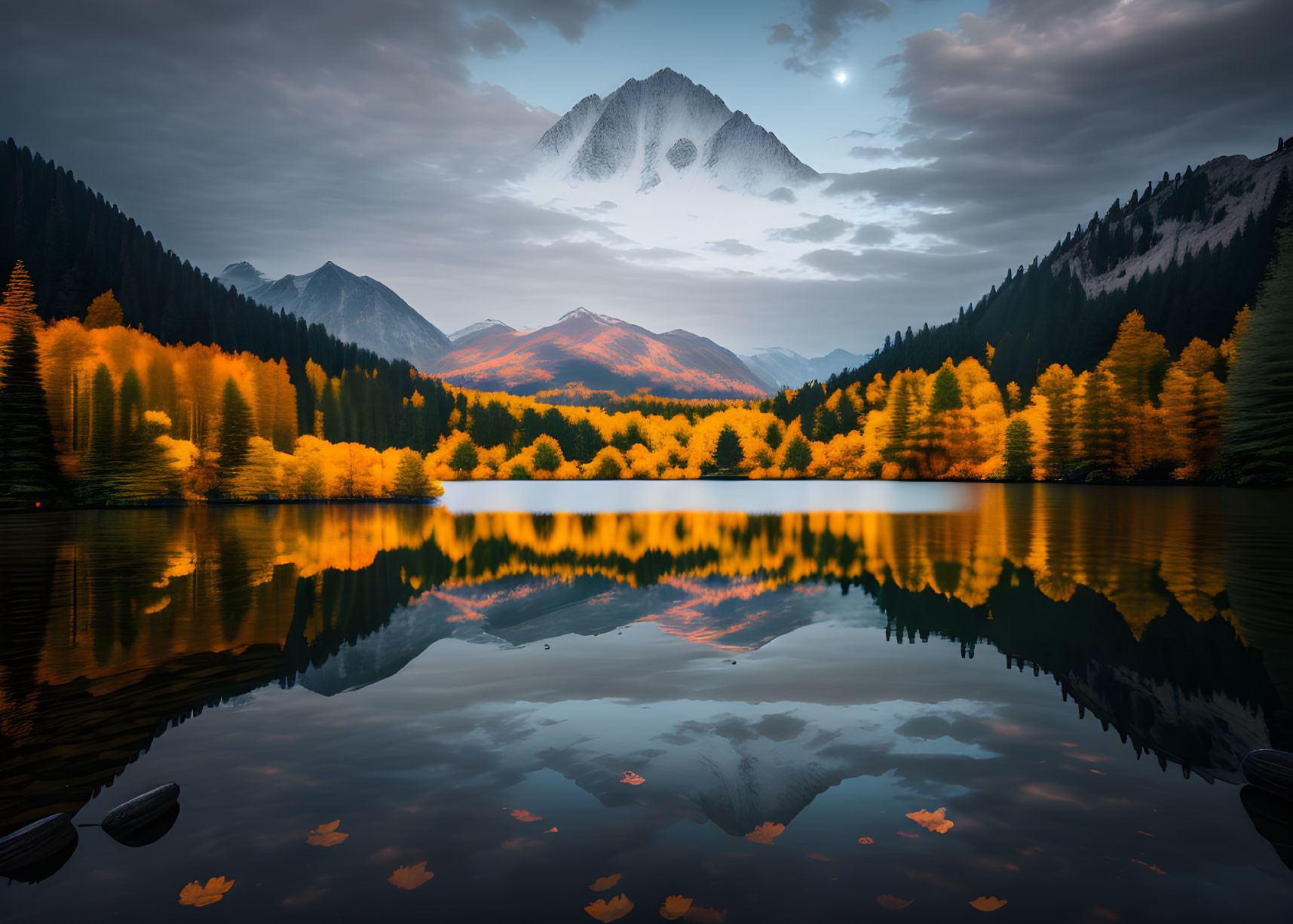 Autumn trees reflected in tranquil mountain lake under twilight sky