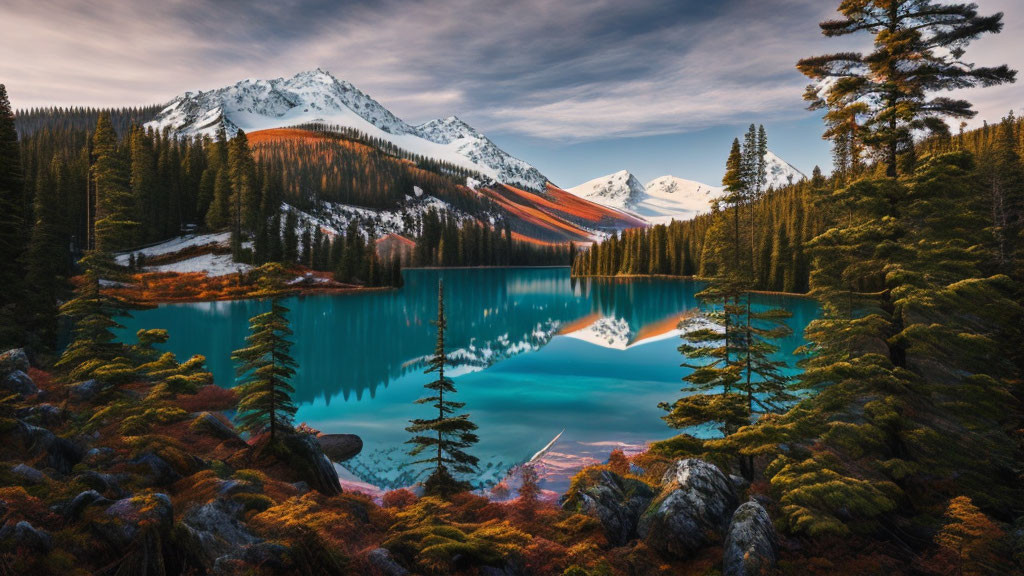 Snowy Peaks Reflected in Tranquil Mountain Lake