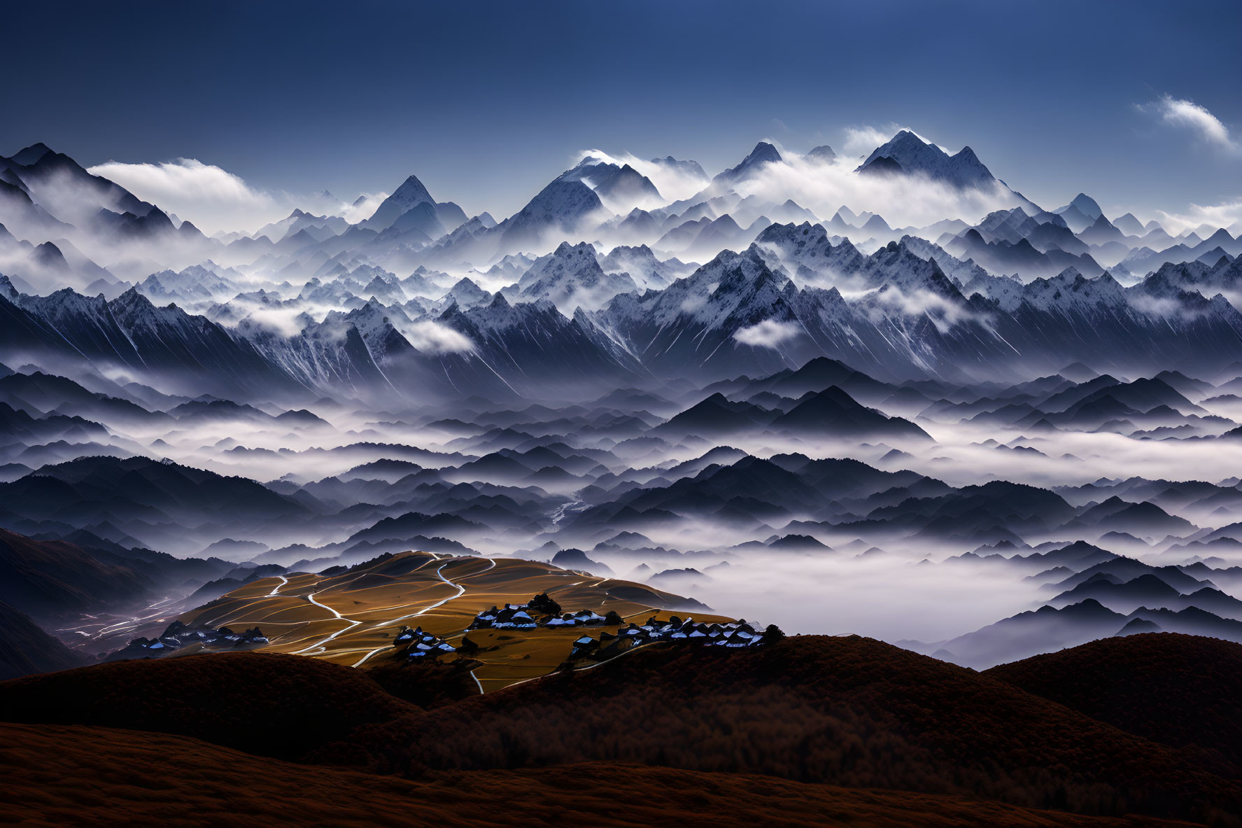 Misty Mountain Ranges Over Golden Hills and Settlement