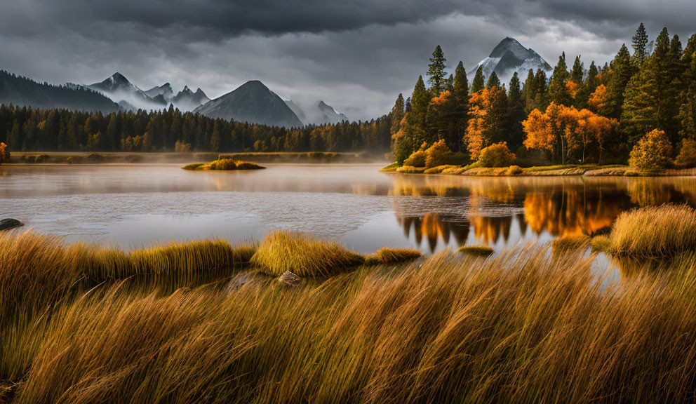 Tranquil autumn lake with mist, golden foliage, tall grass, and cloudy mountains