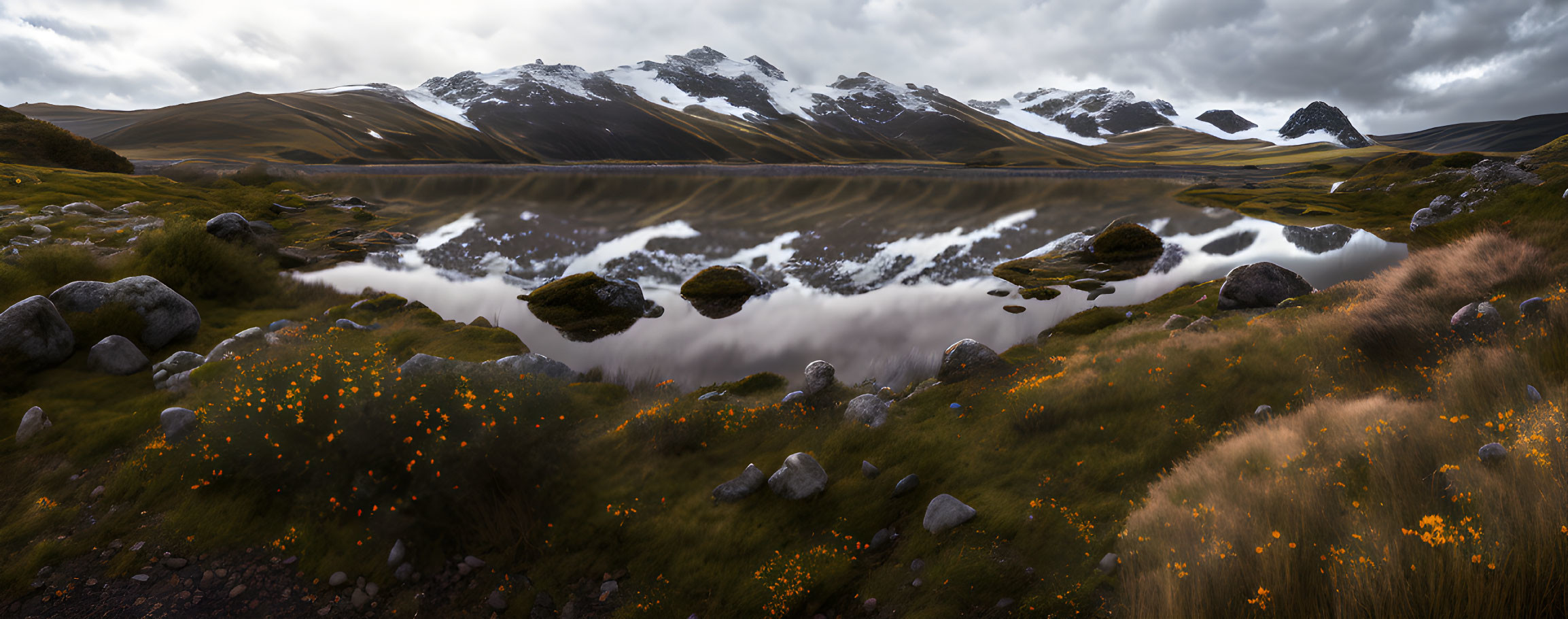 Lake and alpine meadow on highland