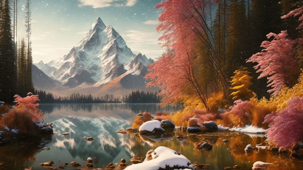 Tranquil mountain lake scene with autumn trees and starry sky