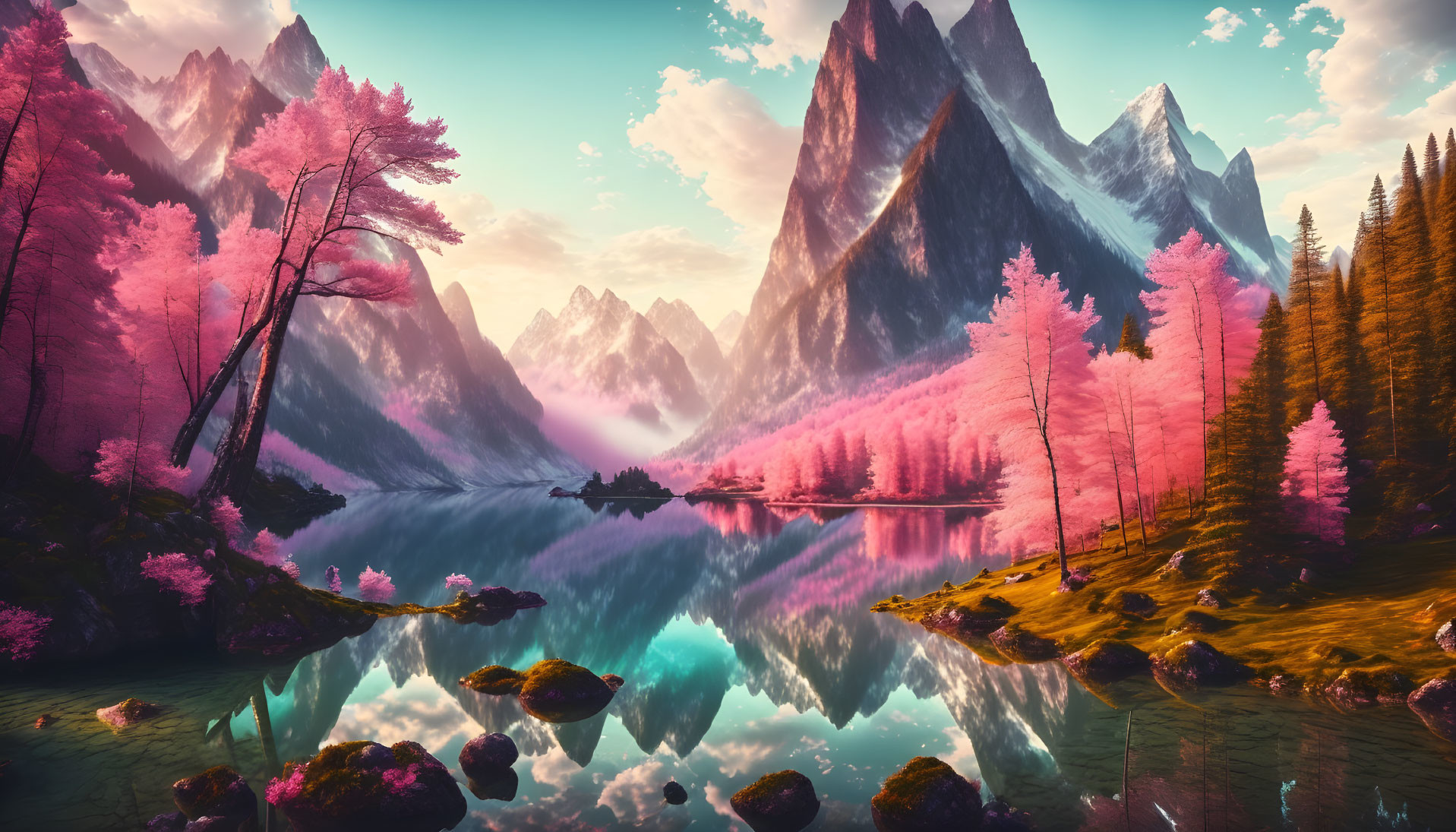 Pink Foliage, Reflective Lake, and Towering Mountains in Warm Landscape