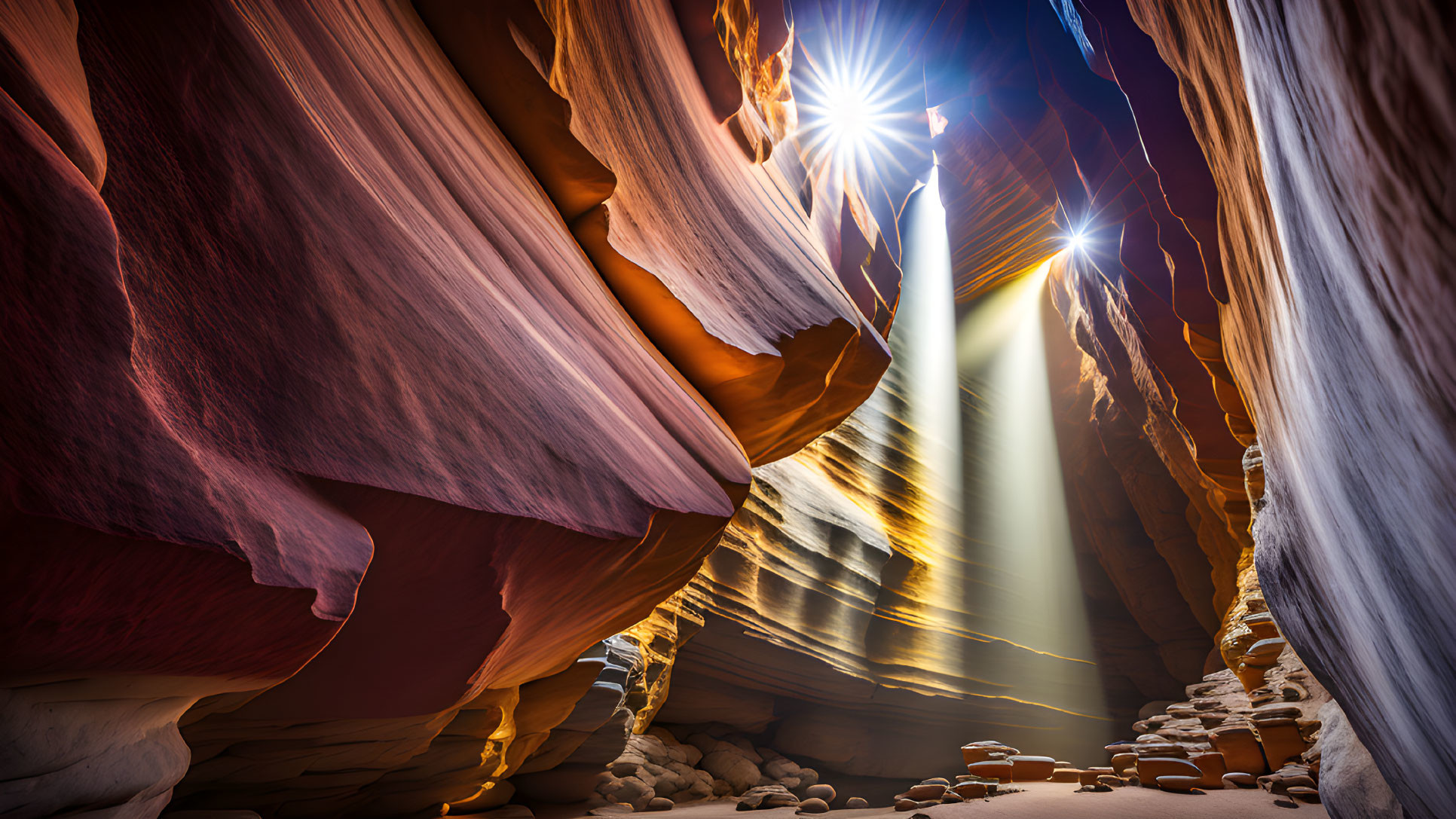 Sunbeams illuminate red sandstone walls in narrow slot canyon