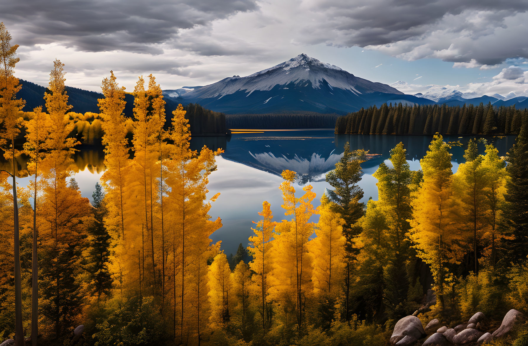 Vibrant Yellow Trees, Reflective Lake, Majestic Mountain Scenery