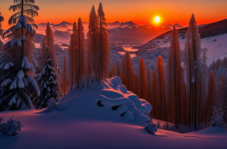 Winter sunrise: Golden light on snow-covered mountains, trees, and valley