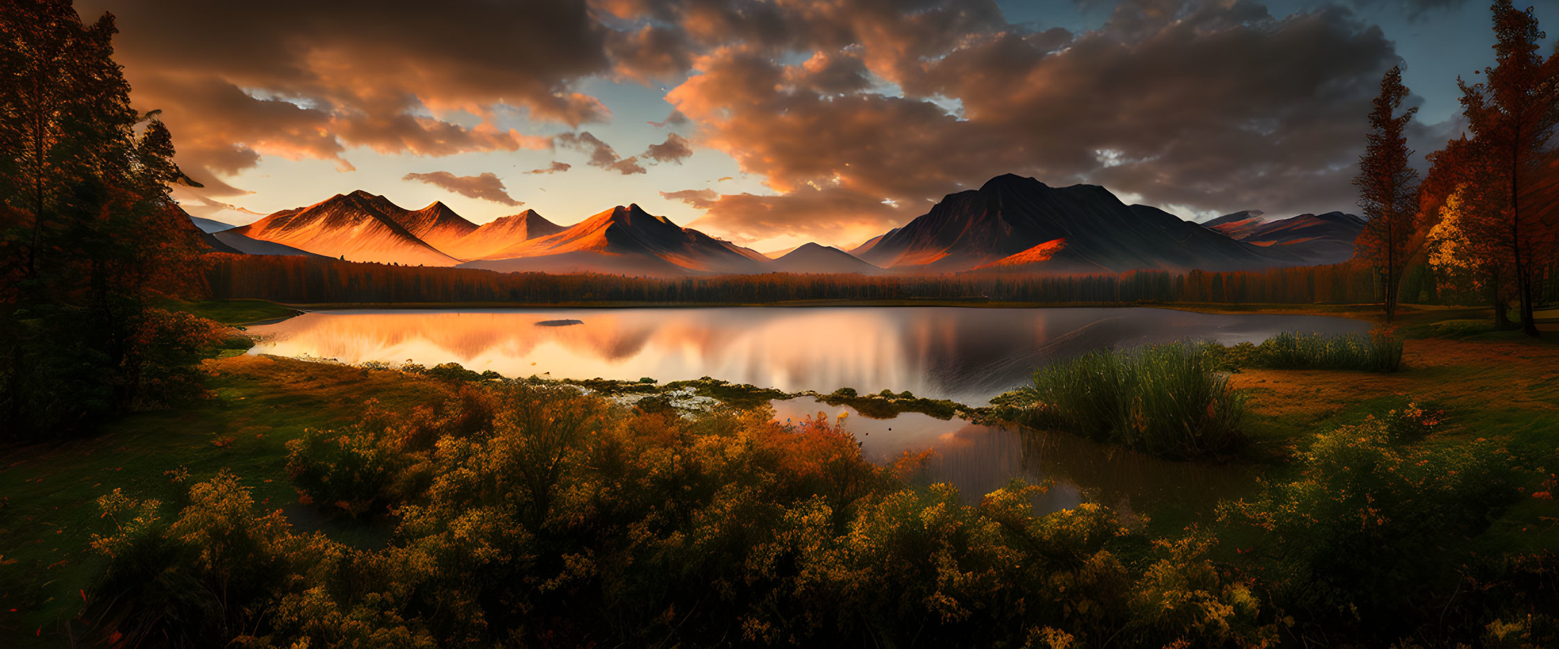 Serene Lake Reflecting Mountains at Vibrant Sunset